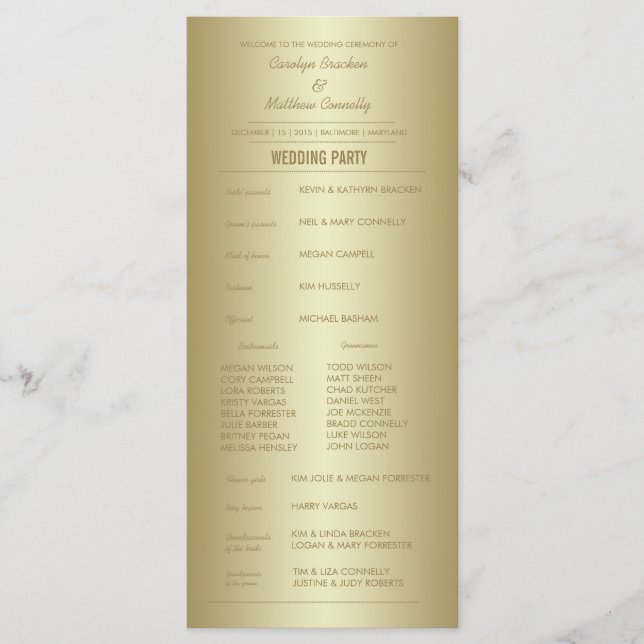 Elegante Gold Zeremonie Programm Rack Card (Vorderseite)