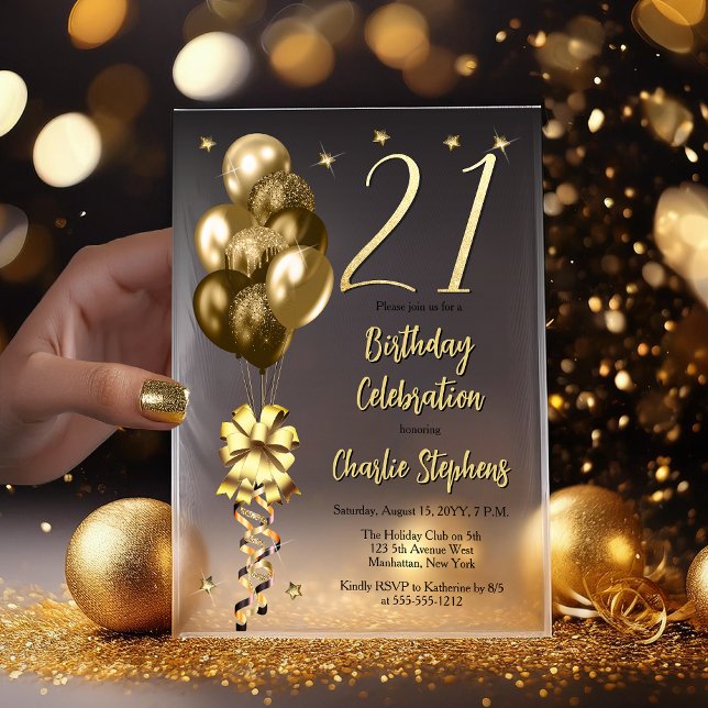 Elegante Goldballons im Black 21. Geburtstag Party (Elegant Faux Gold Glitter Accented Balloons on Fade to Black Backing 21st Birthday Vellum Invitation)