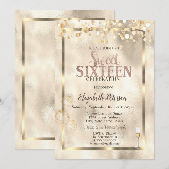 Elegante Goldballons in Sweet 16 Einladung (Vorne/Hinten)