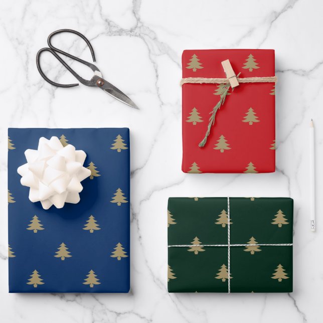 Elegante goldblaue, grüne, rote Weihnachtsbaumen Geschenkpapier Set (Vorderseite)