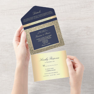 Elegante goldblaue Hochzeits-Einladung All In One Einladung