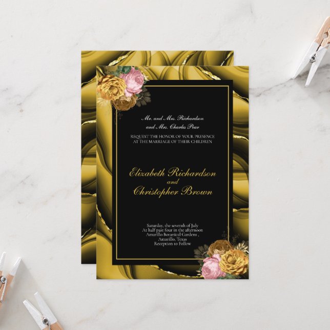 Elegante Goldbrasse Hochzeit Einladung (Vorderseite/Rückseite Beispiel)