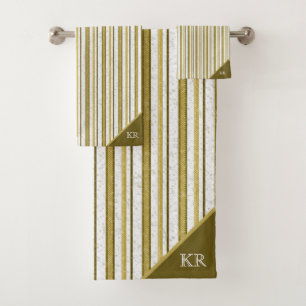Elegante goldbraune Streifen Modern Mit Monogramm Badhandtuch Set