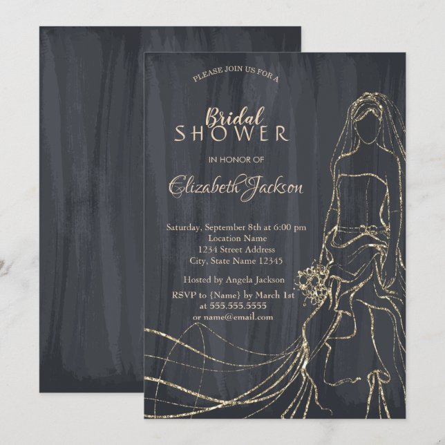 Elegante Goldbride, Schwarzes Brautparty Einladung (Vorne/Hinten)