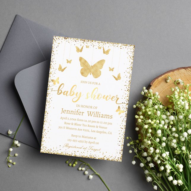 Elegante Goldbutterfliege luxuriöse Babydusche Einladung (Von Creator hochgeladen)