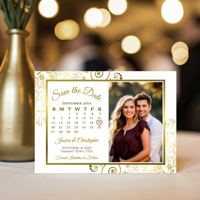 Elegante Goldcurls auf dem White Calendar Foto Hoc Save The Date (Von Creator hochgeladen)