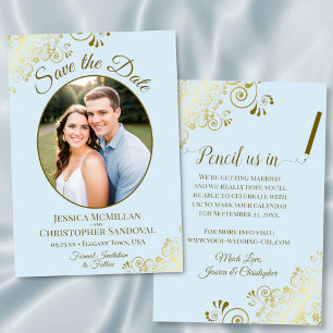 Elegante Goldcurls Oval Foto Powder Blue Wedding Save The Date