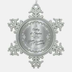 Elegante Golddiamant-25. Hochzeitstag Schneeflocken Zinn-Ornament