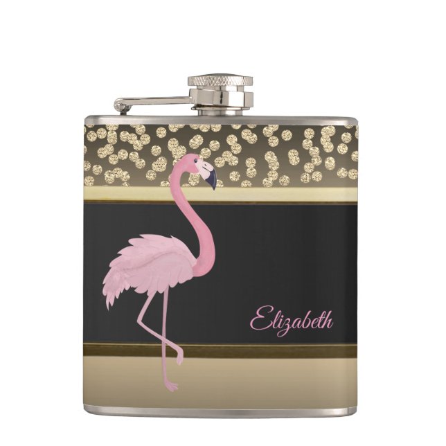 Elegante Golddiamanten, rosa Flamingo-Personalisie Flachmann (Vorderseite)