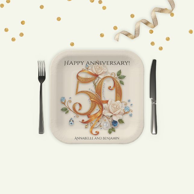 Elegante Golden 50 Jahre Jubiläumsfeier Pappteller (Von Creator hochgeladen)