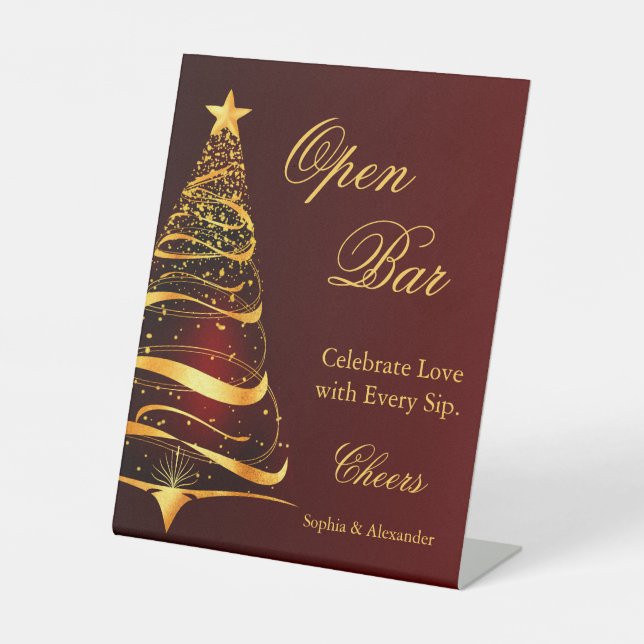 Elegante Golden Christmas Tree Open Bar Wedding Sockelschild (Vorderseite)