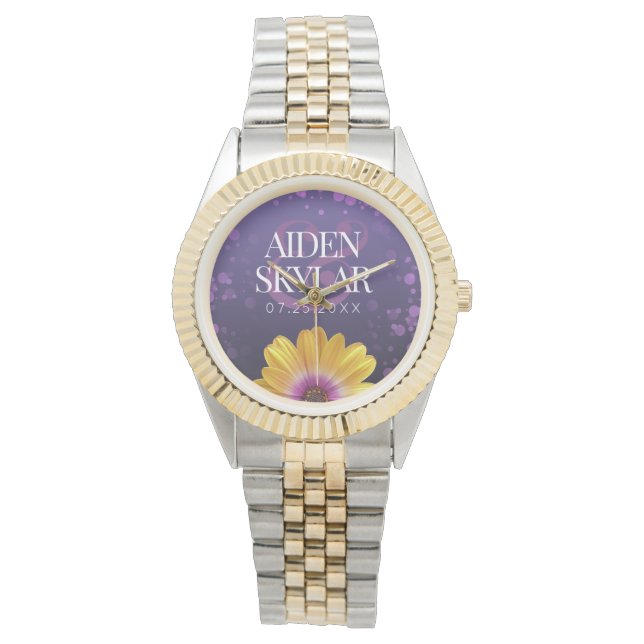 Elegante Golden Daisy mit Lila Glitzer Hochzeit Armbanduhr (Vorderseite)