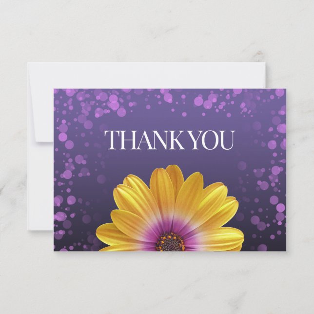 Elegante Golden Daisy mit Lila Glitzer Hochzeit Dankeskarte (Vorderseite)