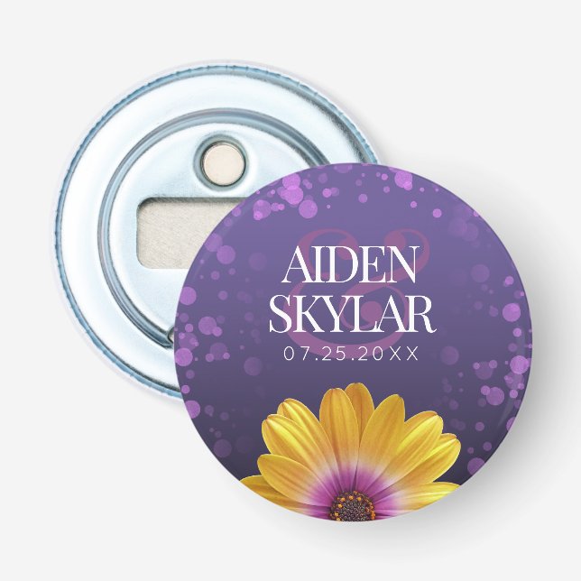 Elegante Golden Daisy mit Lila Glitzer Hochzeit Flaschenöffner (Vorderseite)