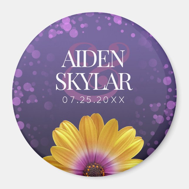 Elegante Golden Daisy mit Lila Glitzer Hochzeit Magnet (Vorne)