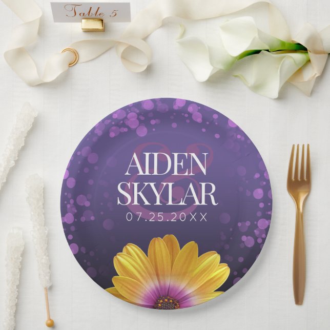 Elegante Golden Daisy mit Lila Glitzer Hochzeit Pappteller (Hochzeit)