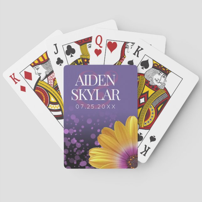 Elegante Golden Daisy mit Lila Glitzer Hochzeit Spielkarten (Rückseite)