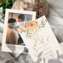 Elegante Golden Fall Blume Foto & QR Code Hochzeit