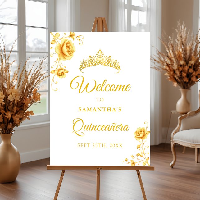 Elegante Golden Floral Quinceñera Begrüßungszeiche Poster (Von Creator hochgeladen)
