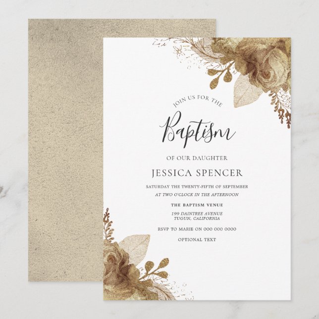 Elegante Golden Floral Taufe Einladung (Vorne/Hinten)