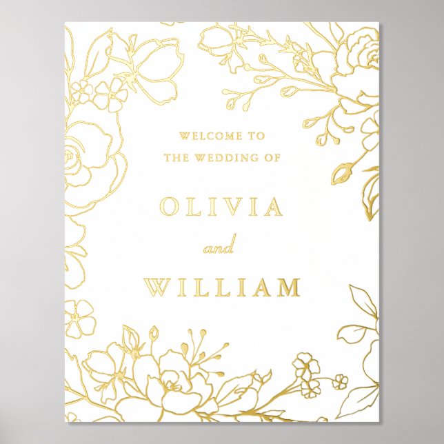 Elegante Golden Floral Wedding Zeremonie Willkomme Foliendrucke (Vorderseite)