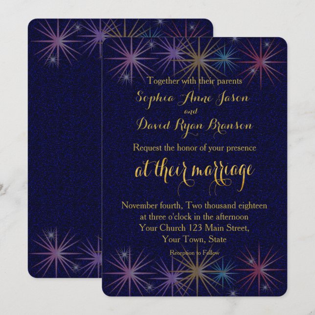 Elegante Golden Foil Blauer Glitzer Einladung Hoch (Vorne/Hinten)