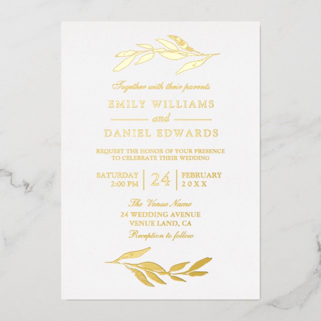 Elegante Golden Foil Leaf Moderne Hochzeit Folieneinladung (Vorderseite)