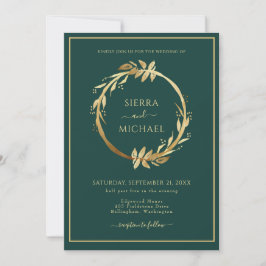 Elegante Golden Foliage Emerald Green Wedding Einladung