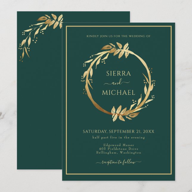 Elegante Golden Foliage Emerald Green Wedding Einladung (Vorne/Hinten)