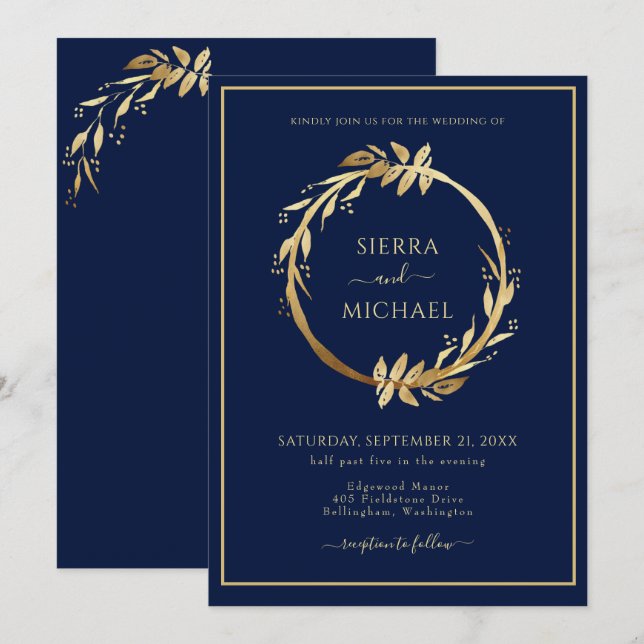 Elegante Golden Foliage Navy Blue Wedding Einladung (Vorne/Hinten)