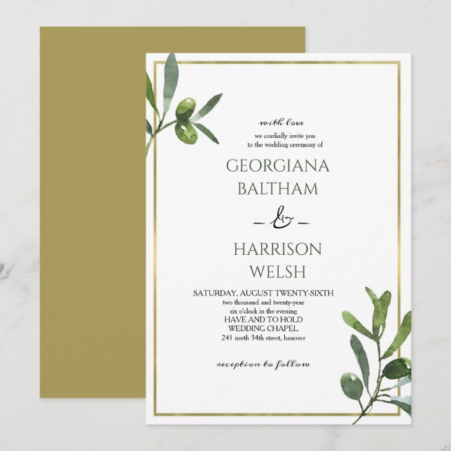 Elegante Golden Frame & Olive Blätter Hochzeit Einladung (Vorne/Hinten)