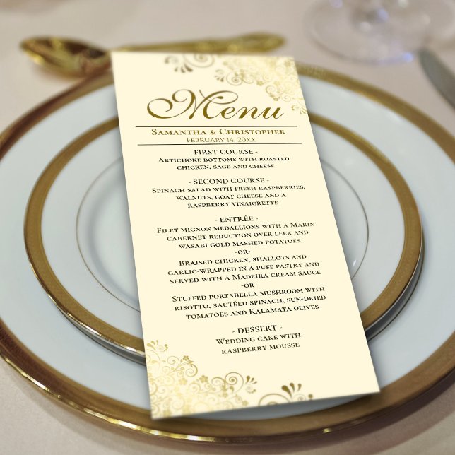 Elegante Golden Frilles on Cream Wedding Menükarte (On Plate)