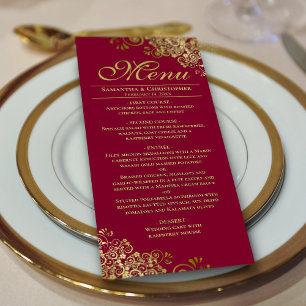 Elegante Golden Frills on Burgundy Wedding Menükarte