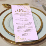 Elegante Golden Frills on Lilac Lila Wedding Menükarte<br><div class="desc">Dieses schöne Menü wird Ihrem Hochzeitsempfang etwas mehr Stil verleihen. Es zeichnet sich durch ein wunderschönes Design mit verzierten goldenen Imitate-Folienrollen und Wirbel auf einem blasslila lila Hintergrund aus. Es gibt Platz für die Namen des Paares und das Hochzeitstag, und der Text ist vollständig anpassbar. Dieses Menü ist elegant, stilvoll...</div>