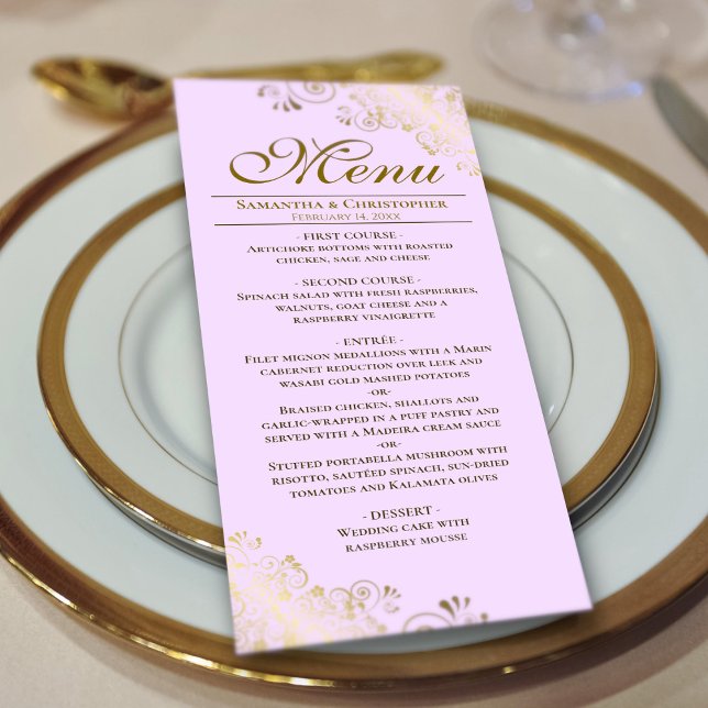 Elegante Golden Frills on Lilac Lila Wedding Menükarte (On Plate)
