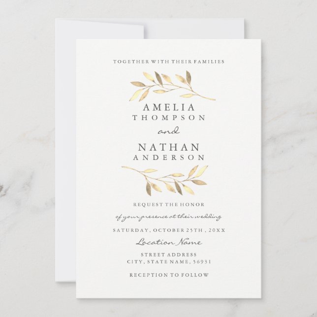 Elegante Golden Leaf Garden Hochzeit Einladung (Vorderseite)