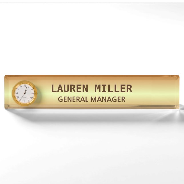 Elegante Golden Name Plate & Clock Namensplakette (Vorderseite)