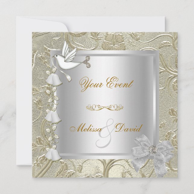 Elegante Golden Silver White Dove Damask für jedes Einladung (Vorderseite)