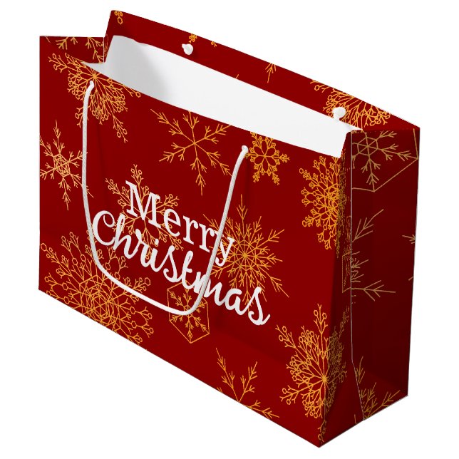Elegante Golden Snowflakes Rot Niedlich Frohe Weih Große Geschenktüte (Vorderseite Schrägansicht)