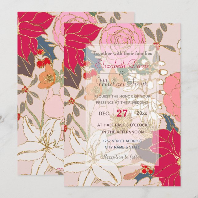 Elegante Golden Strikes Farbenfrohe Winter Floral Einladung (Vorne/Hinten)