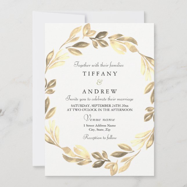 Elegante Golden Wreath Wedding Einladung (Vorderseite)