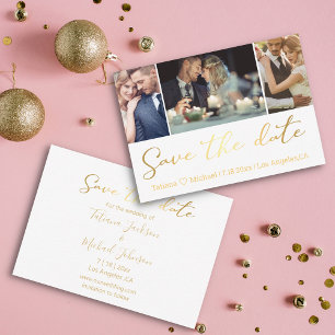 elegante goldene 3-Foto-Collage Save the Date Mitteilungskarte