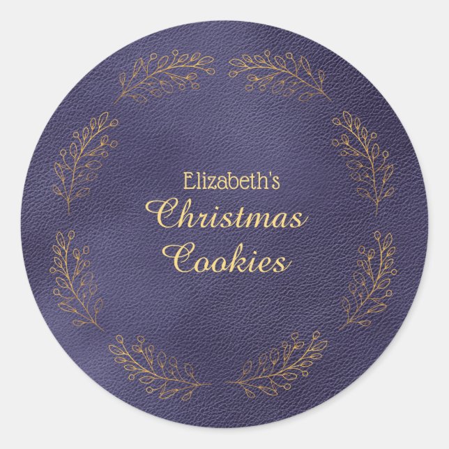 Elegante Goldene Blätter Blaue Weihnachtskekse Runder Aufkleber (Vorderseite)