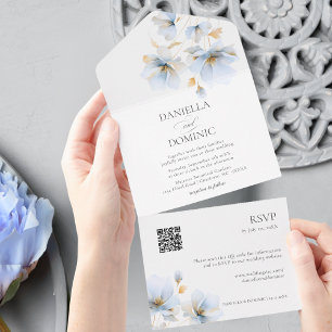 Elegante Goldene Blaue Florale Wildblumen QR Hochz All In One Einladung