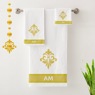 Elegante goldene Blume, Monogramm & Streifen auf W Badhandtuch Set