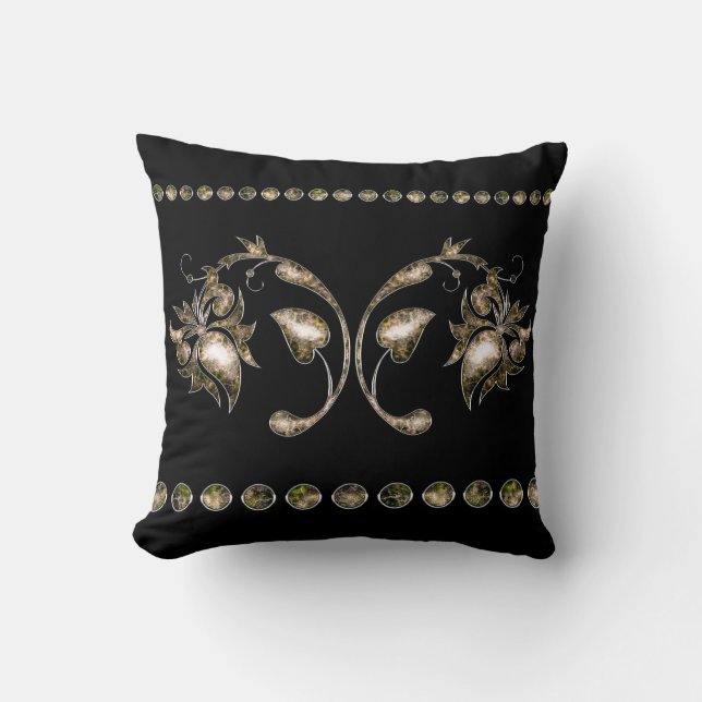 Elegante goldene Blume Schwarz Stilkissen Kissen (Vorderseite)