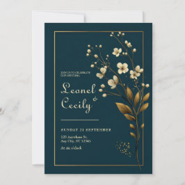 Elegante goldene Blumen navy Hochzeit Einladung