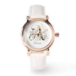 Elegante goldene Blumenmonogramm-Uhr mit Anfangsbu Armbanduhr