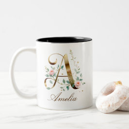 Elegante Goldene Blumige Buchstabe A Monogramm Zwe Zweifarbige Tasse