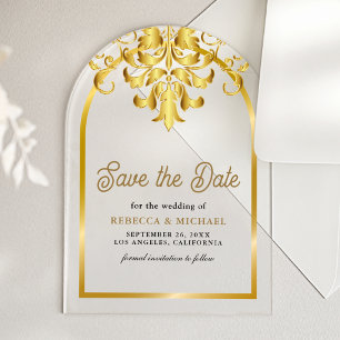 Elegante Goldene Bogen-Damaskus-Hochzeit - Termin Acryleinladungen
